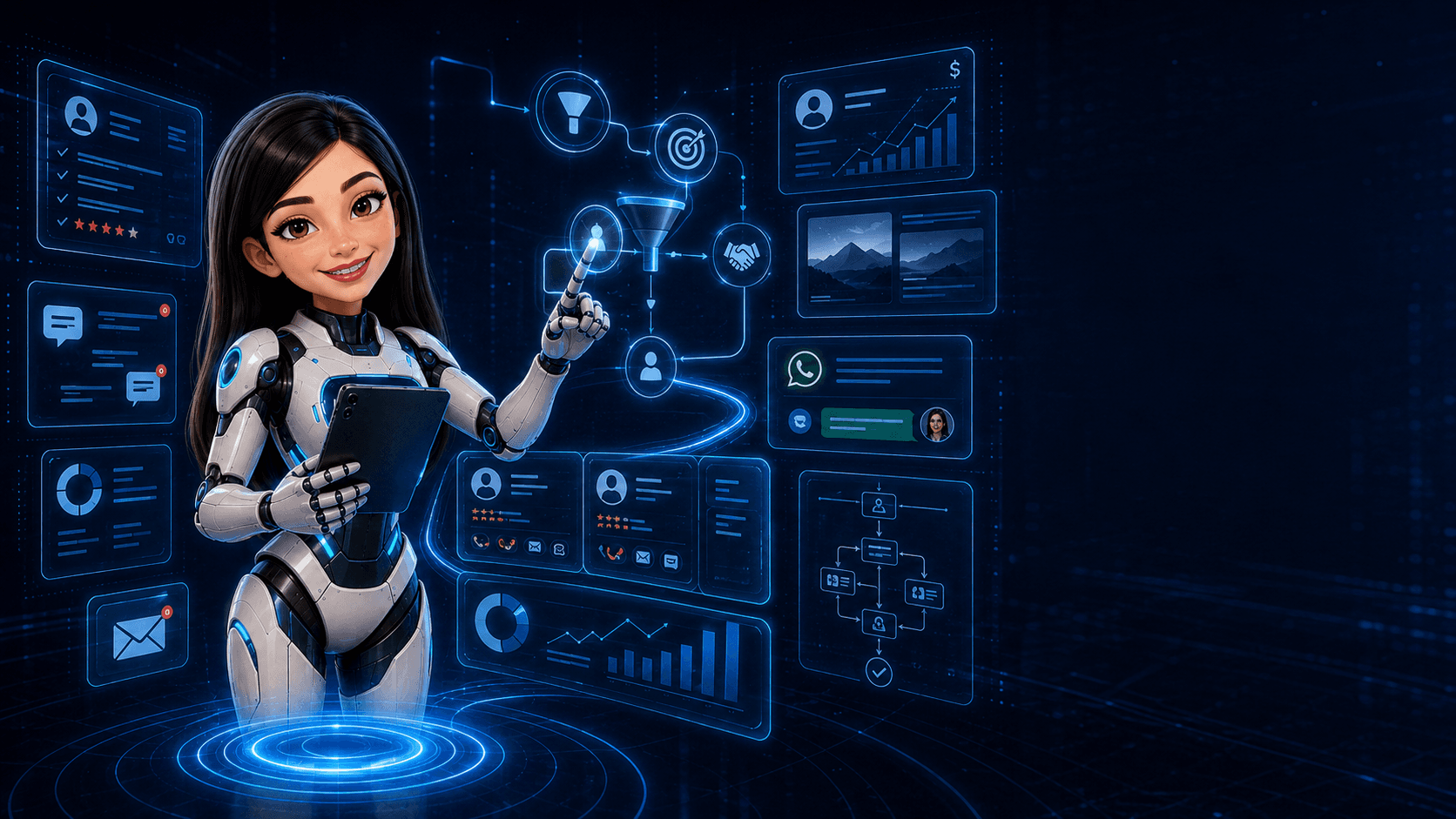 Especialista tecnológica con una plataforma holográfica de CRM, pipeline y atención a clientes.