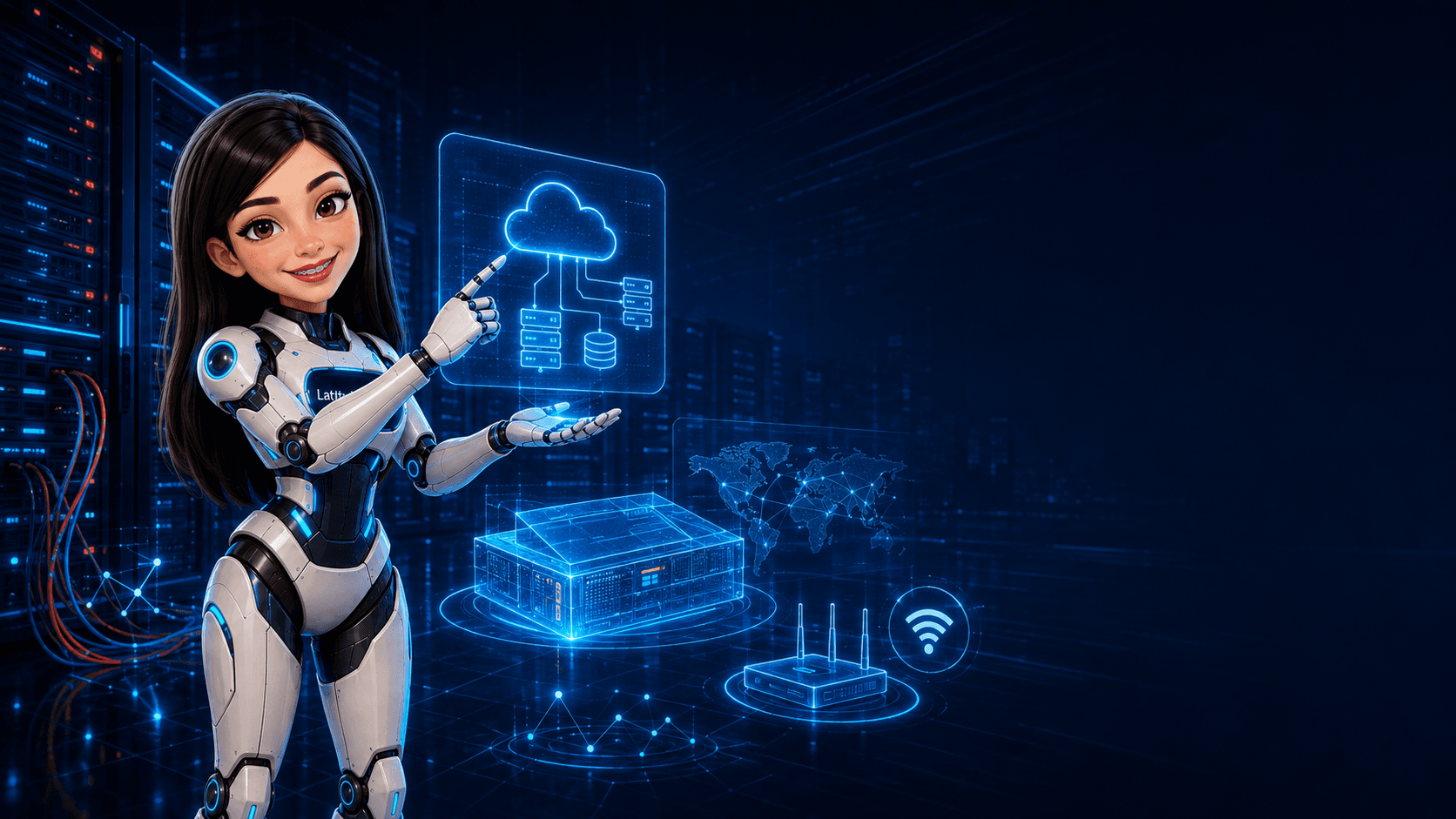 Especialista tecnológica en un entorno de infraestructura, redes y hologramas de conectividad.