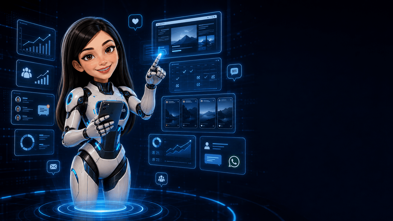 Especialista tecnológica con un smartphone y paneles holográficos de presencia digital.